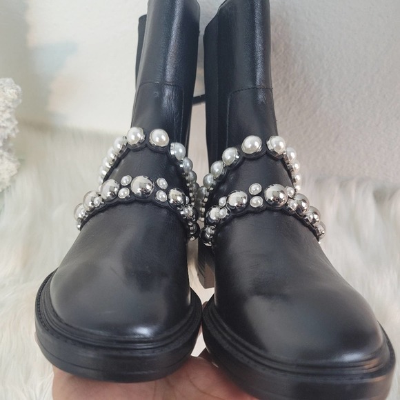 ZARA NWT PEARL STRAPPED LOW HEEL VEGAN LEATHER ANKLE BLACK  BOOTS WOMEN'S SZ 6.5 - Picture 7 of 13
